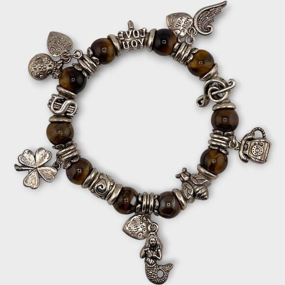 Tiger's Eye Silvertone Charm Bracelet - Picture 1 of 7